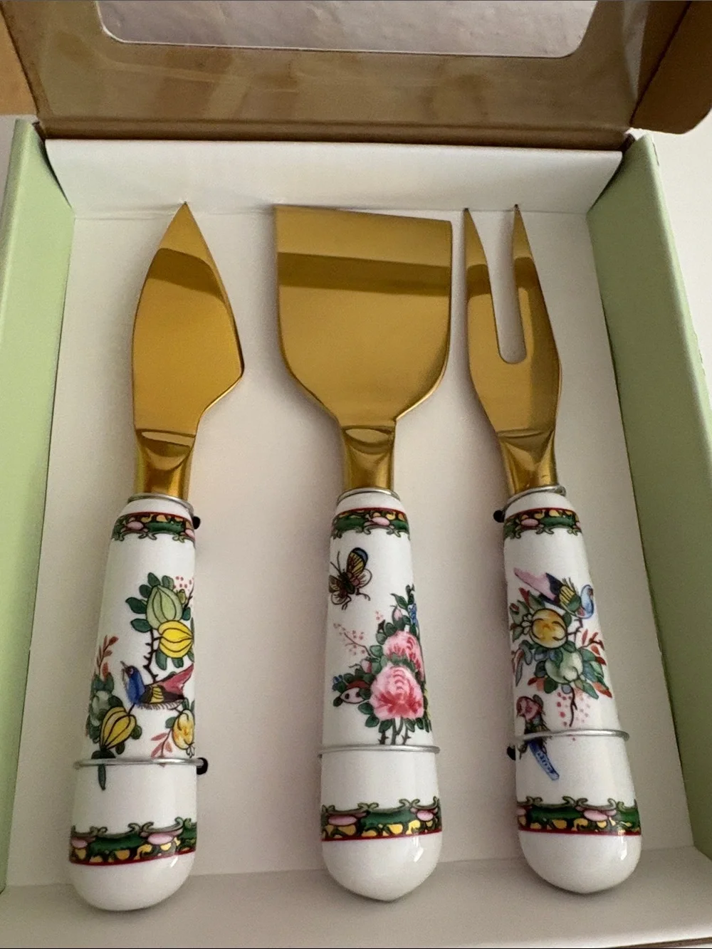 Williams Sonoma Famille Rose Gold-Tone Cheese Knife Set with Floral Handles